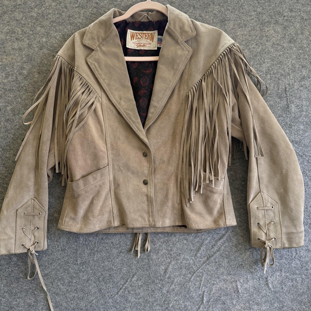 Vintage‎ Schott Western Jacket Womens 14 Tan Suede Fringe USA Lined 90s Cowgirl